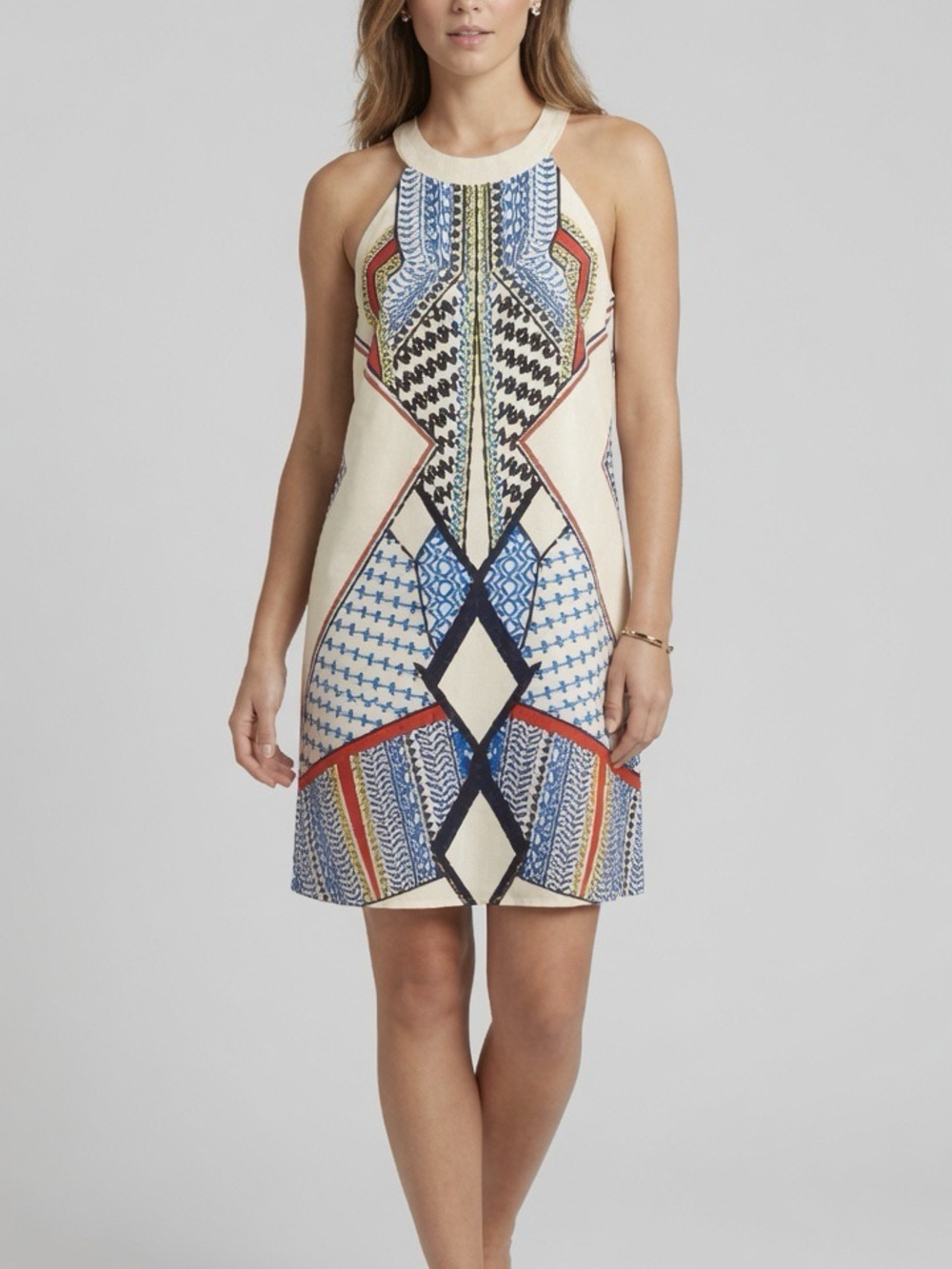 VENUS Cream Shift Dress with Blue and Red Geometric Print size L